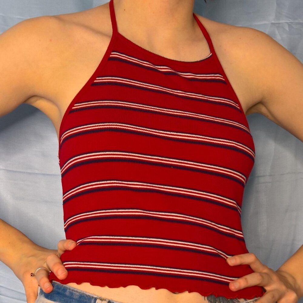 Full Tilt Red Cropped Striped Halter Top with Lettuce Trim